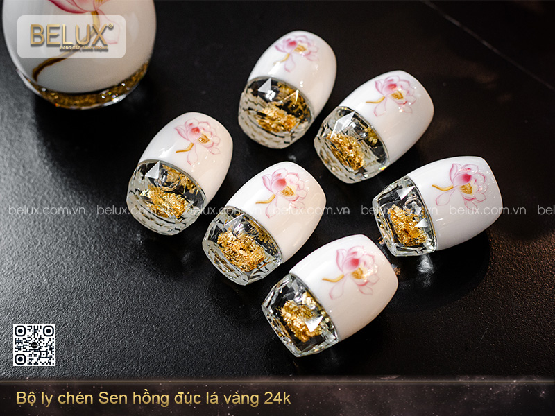 Bộ Ly Chén Sen Hồng Đúc Lá Vàng 24k