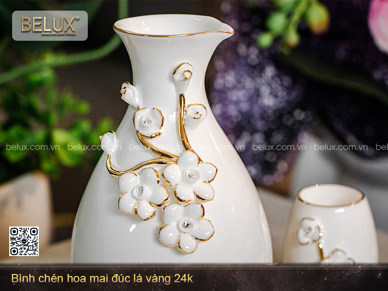 Bình Chén Hoa Mai Đúc Lá Vàng 24k