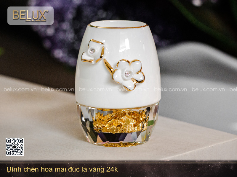 Bình Chén Hoa Mai Đúc Lá Vàng 24k