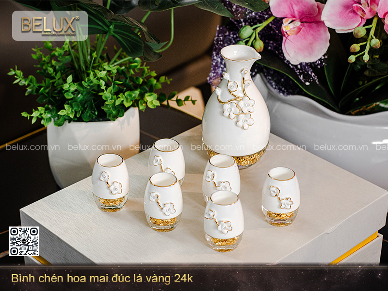 Bình Chén Hoa Mai Đúc Lá Vàng 24k