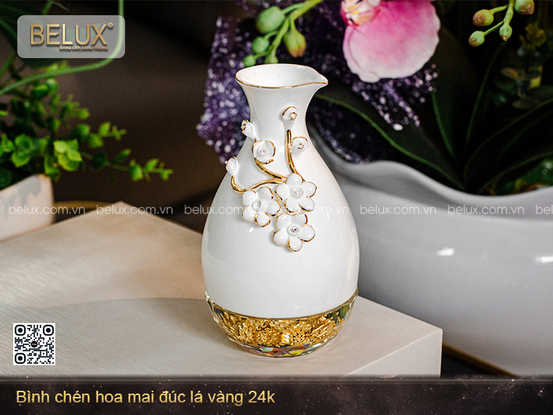 Bình Chén Hoa Mai Đúc Lá Vàng 24k