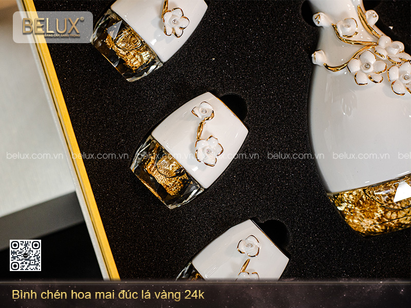 Bình Chén Hoa Mai Đúc Lá Vàng 24k