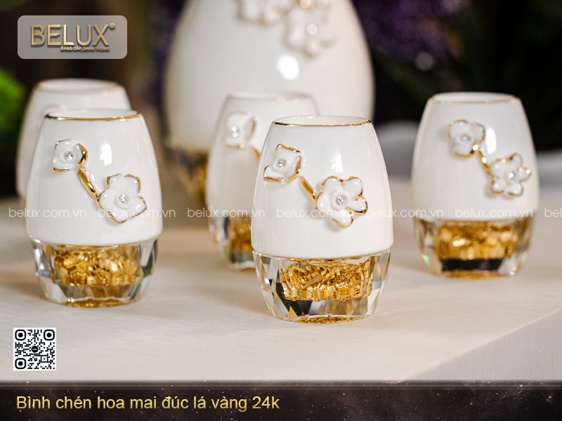 Bình Chén Hoa Mai Đúc Lá Vàng 24k