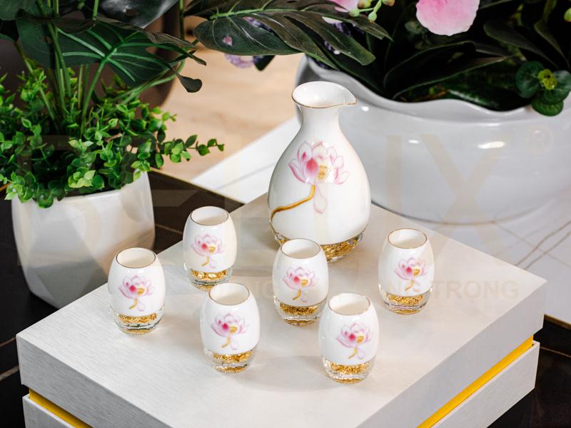 Bộ Ly Chén Sen Hồng Đúc Lá Vàng 24k
