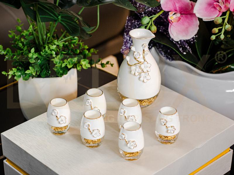 Bình Chén Hoa Mai Đúc Lá Vàng 24k