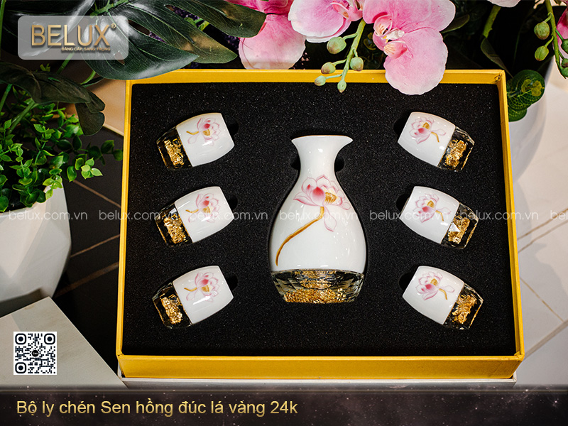 Bộ Ly Chén Sen Hồng Đúc Lá Vàng 24k