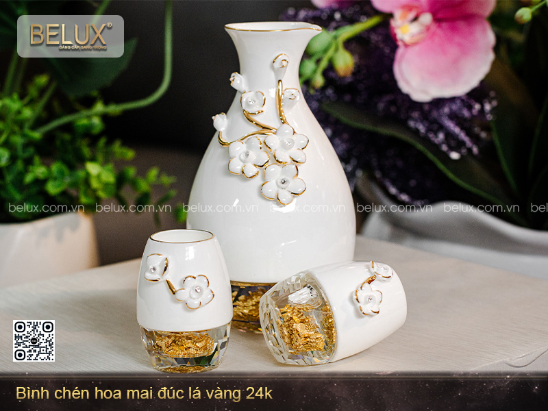 Bình Chén Hoa Mai Đúc Lá Vàng 24k