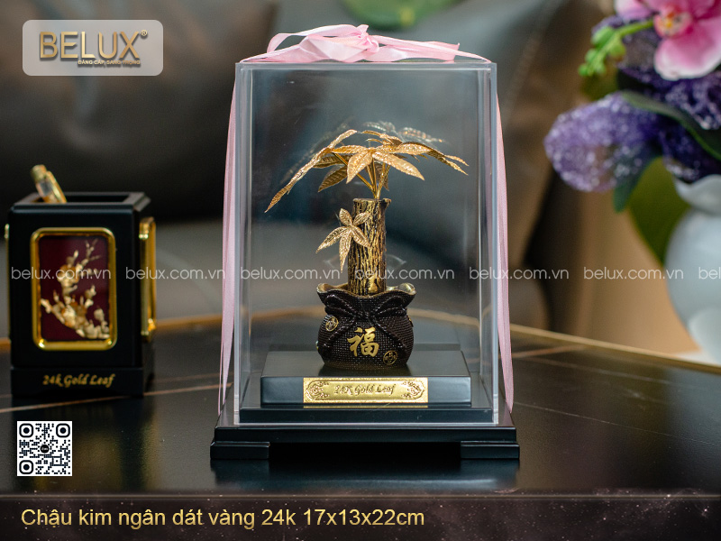 Chậu Kim Ngân Dát Vàng 24k 17x13x22cm