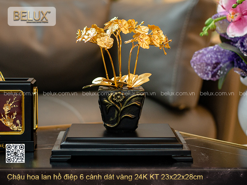 Chậu hoa lan hồ điệp 6 cành dát vàng 24K KT 23x22x28cm