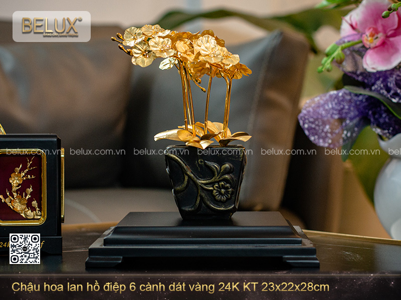 Chậu hoa lan hồ điệp 6 cành dát vàng 24K KT 23x22x28cm