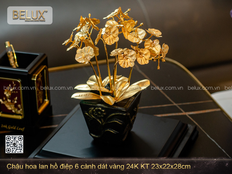 Chậu hoa lan hồ điệp 6 cành dát vàng 24K KT 23x22x28cm