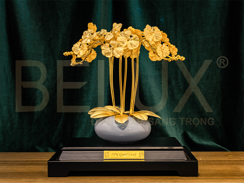 Chậu Lan Tròn Ngọc Bích 6 Cành Dát Vàng 24k
