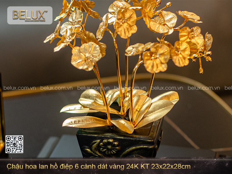 Chậu hoa lan hồ điệp 6 cành dát vàng 24K KT 23x22x28cm
