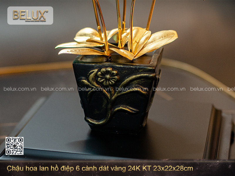 Chậu hoa lan hồ điệp 6 cành dát vàng 24K KT 23x22x28cm