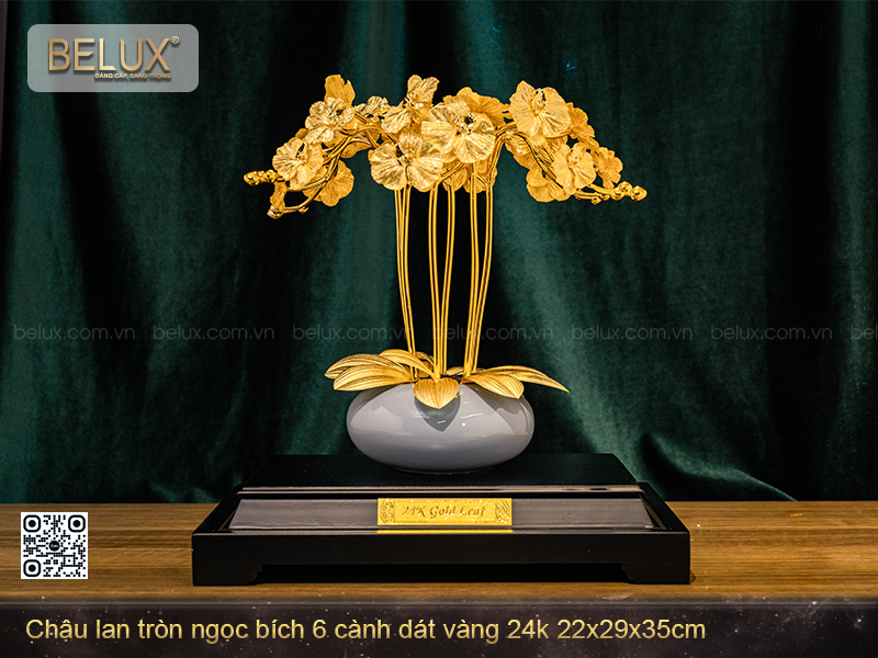 Chậu Lan Tròn Ngọc Bích 6 Cành Dát Vàng 24k