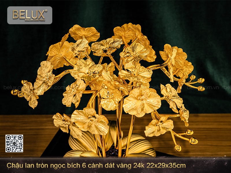Chậu Lan Tròn Ngọc Bích 6 Cành Dát Vàng 24k