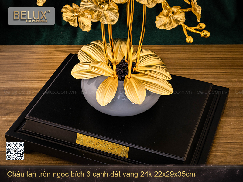 Chậu Lan Tròn Ngọc Bích 6 Cành Dát Vàng 24k
