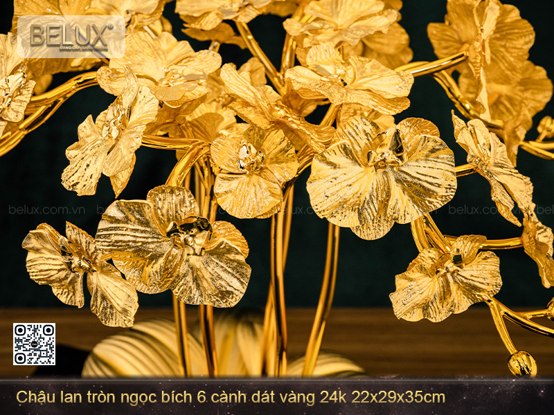 Chậu Lan Tròn Ngọc Bích 6 Cành Dát Vàng 24k
