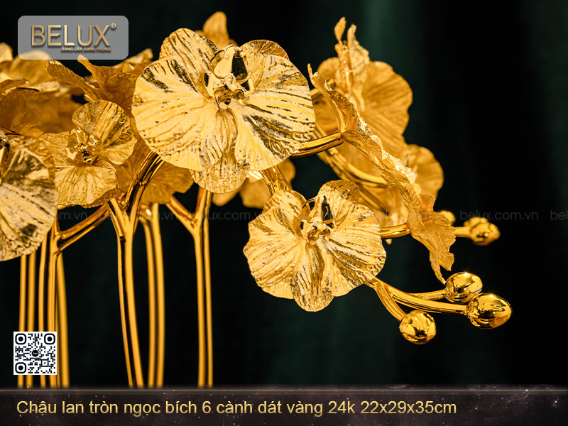 Chậu Lan Tròn Ngọc Bích 6 Cành Dát Vàng 24k