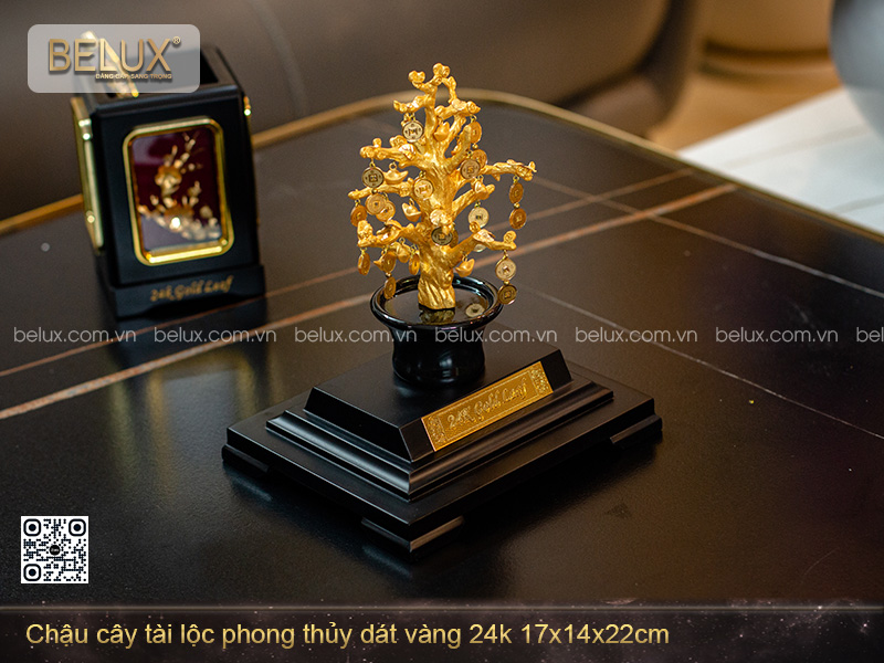 Chậu Cây Tài Lộc Phong Thủy Dát Vàng 24k 17x14x22cm