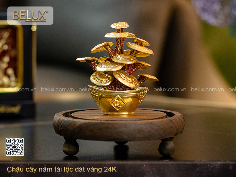 Chậu cây nấm tài lộc dát vàng 24K