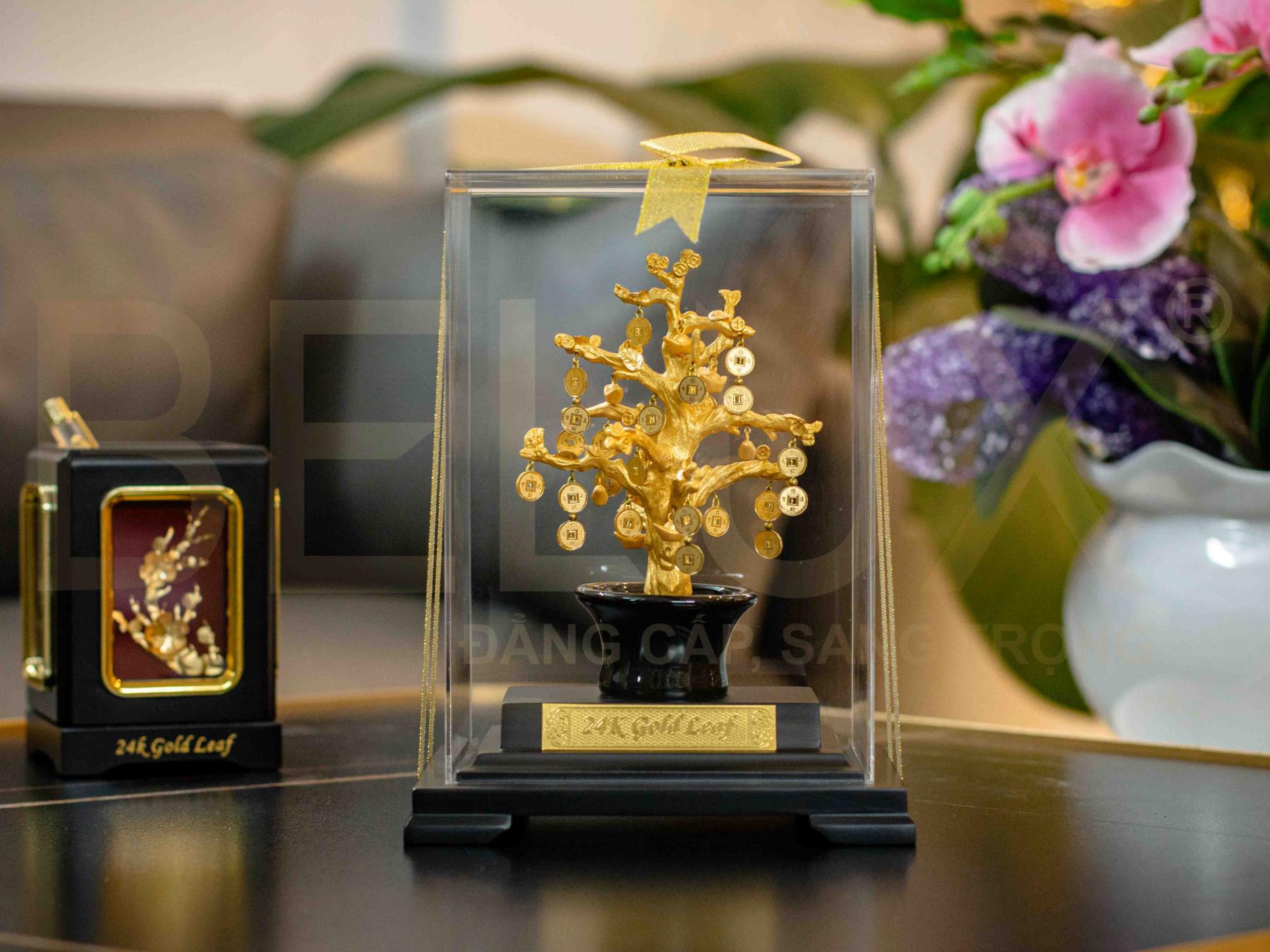 Chậu Cây Tài Lộc Phong Thủy Dát Vàng 24k 17x14x22cm