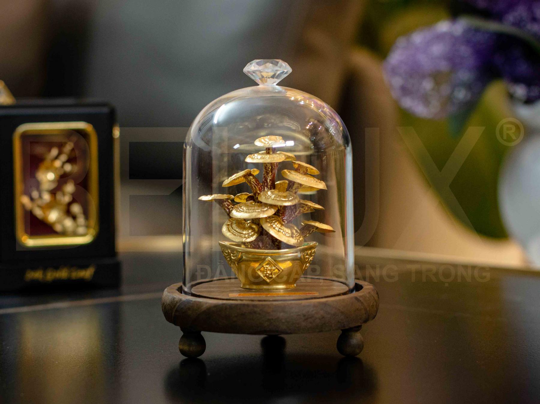 Chậu cây nấm tài lộc dát vàng 24K