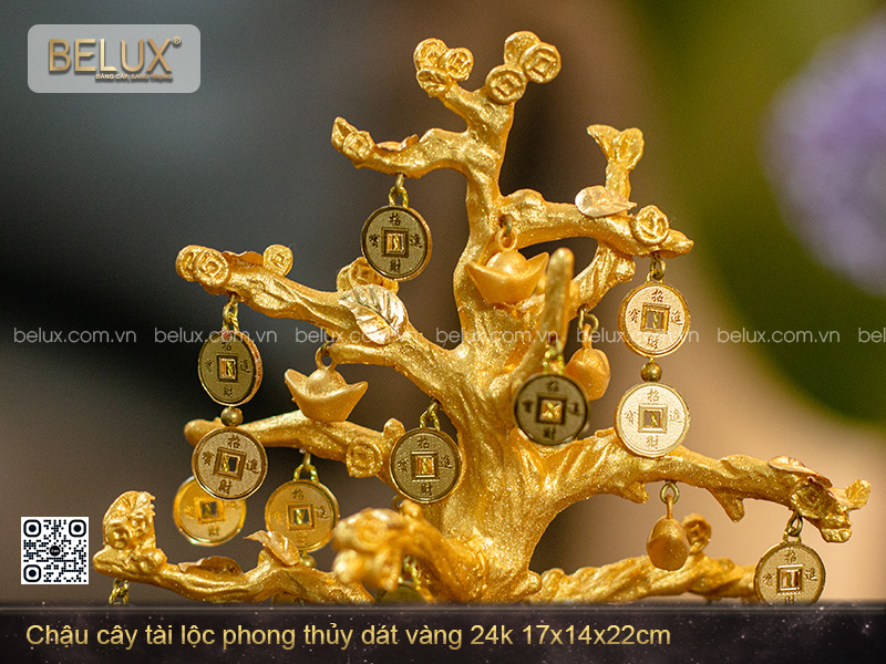 Chậu Cây Tài Lộc Phong Thủy Dát Vàng 24k 17x14x22cm