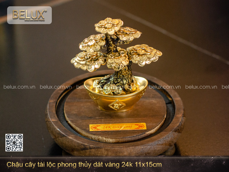 Chậu cây tài lộc phong thủy dát vàng 24k 11x15cm