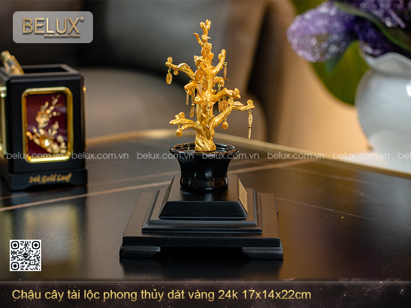 Chậu Cây Tài Lộc Phong Thủy Dát Vàng 24k 17x14x22cm