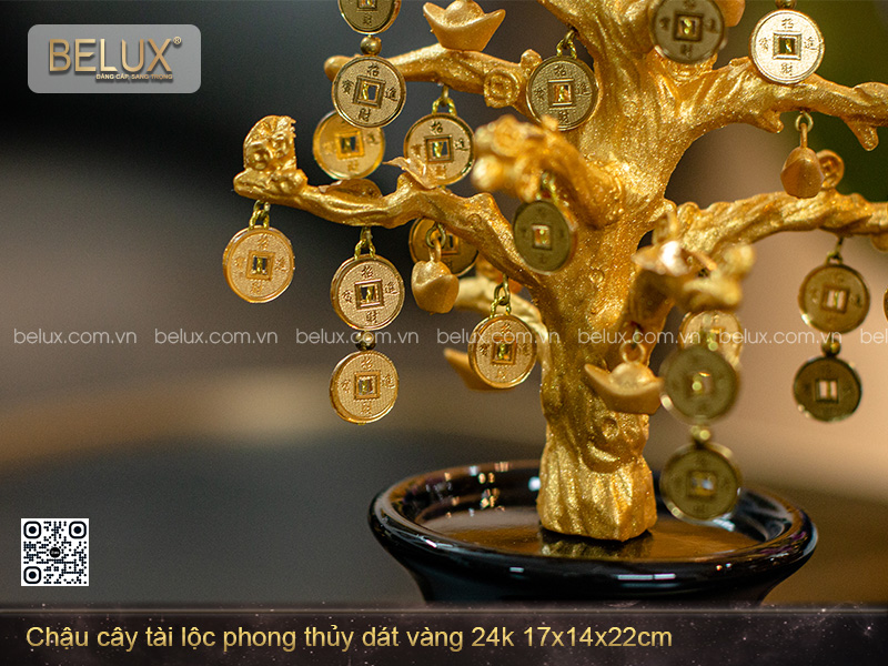 Chậu Cây Tài Lộc Phong Thủy Dát Vàng 24k 17x14x22cm