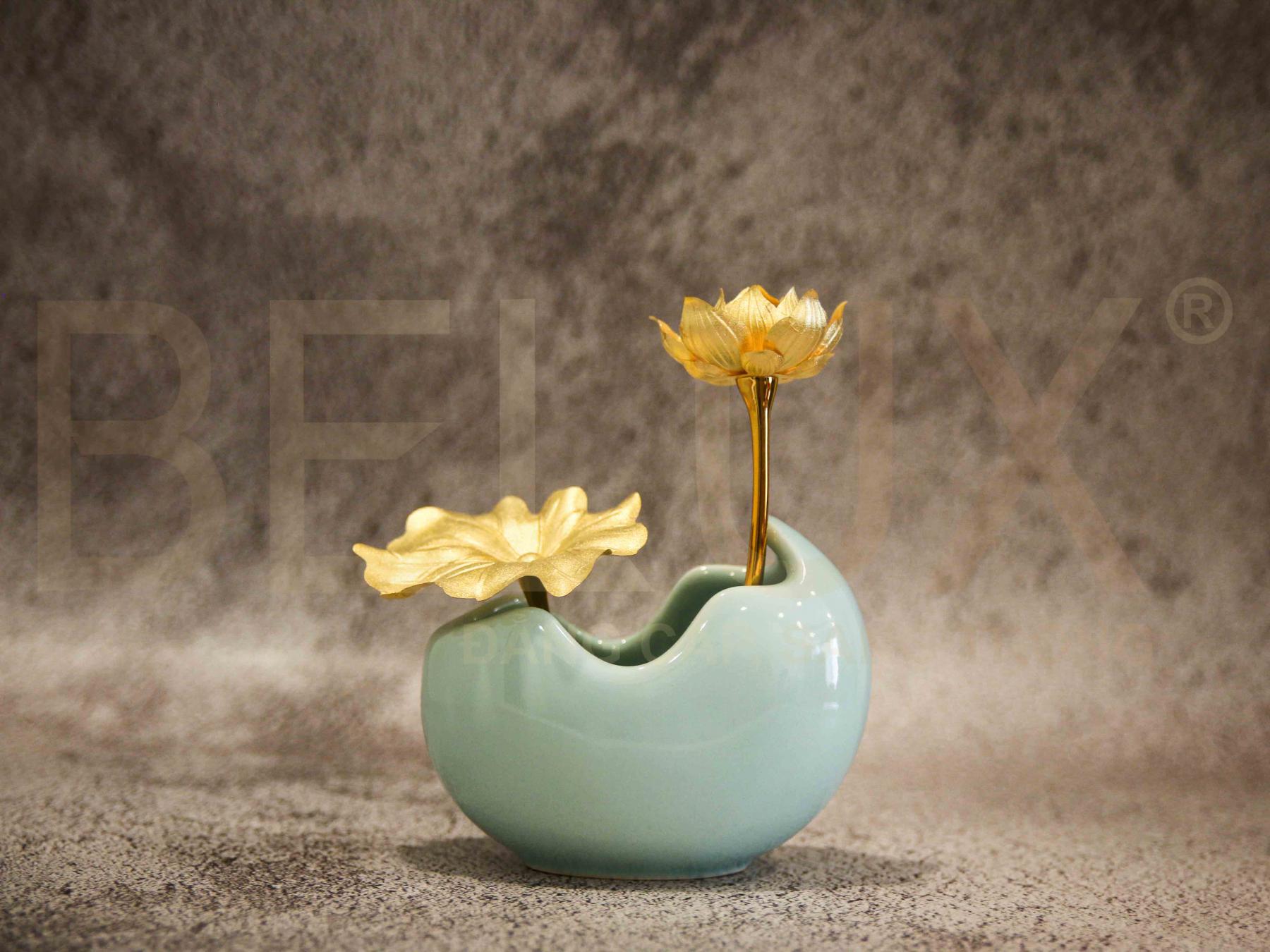 Chậu hoa sen dát vàng 24K 2 nhánh