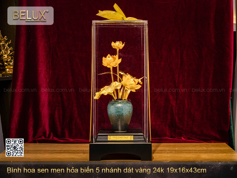 Bình Hoa Sen Men Hỏa Biến 5 Nhánh Dát Vàng 24k