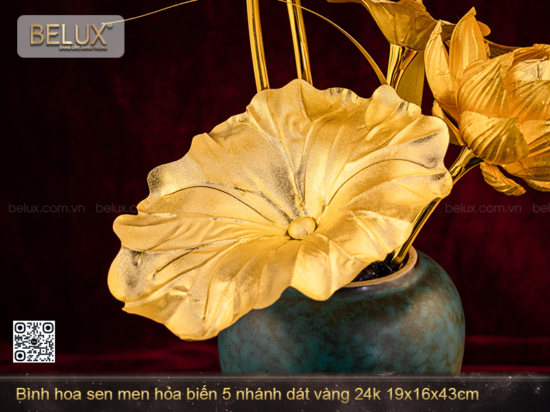 Bình Hoa Sen Men Hỏa Biến 5 Nhánh Dát Vàng 24k