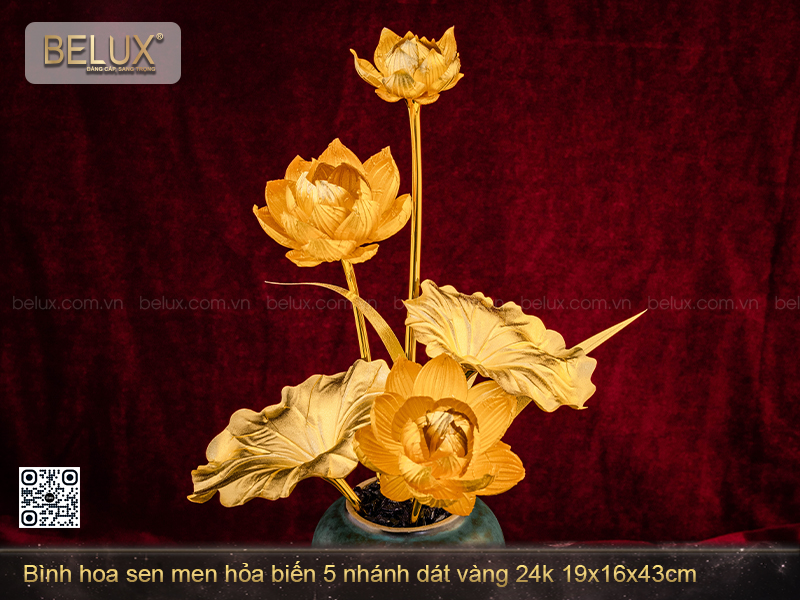 Bình Hoa Sen Men Hỏa Biến 5 Nhánh Dát Vàng 24k
