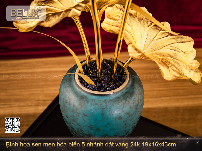 Bình Hoa Sen Men Hỏa Biến 5 Nhánh Dát Vàng 24k