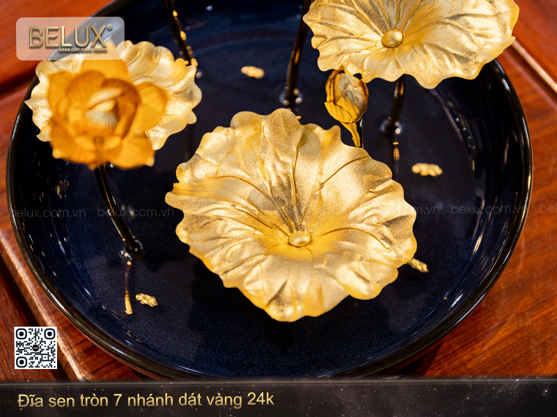 Đĩa Sen Tròn 7 Nhánh Dát Vàng 24k
