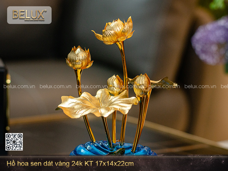 Hồ Hoa Sen Dát Vàng 24k KT 17x14x22cm