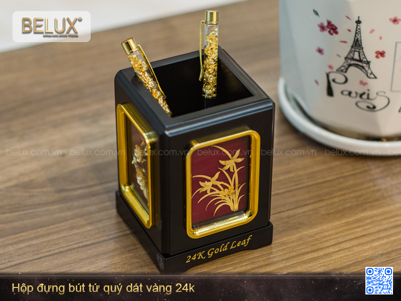 Hộp Đựng Bút Tứ Quý Dát Vàng 24K