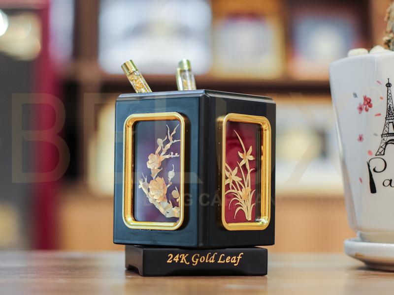 Hộp Đựng Bút Tứ Quý Dát Vàng 24K
