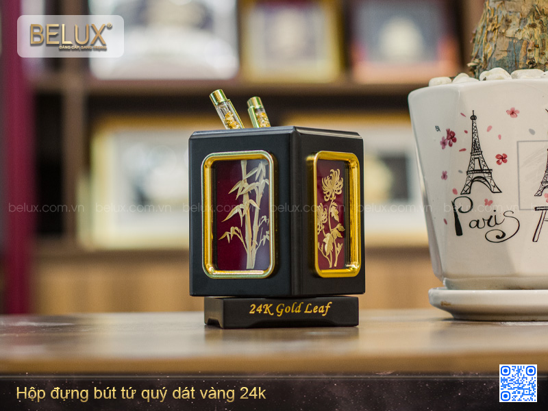 Hộp Đựng Bút Tứ Quý Dát Vàng 24K