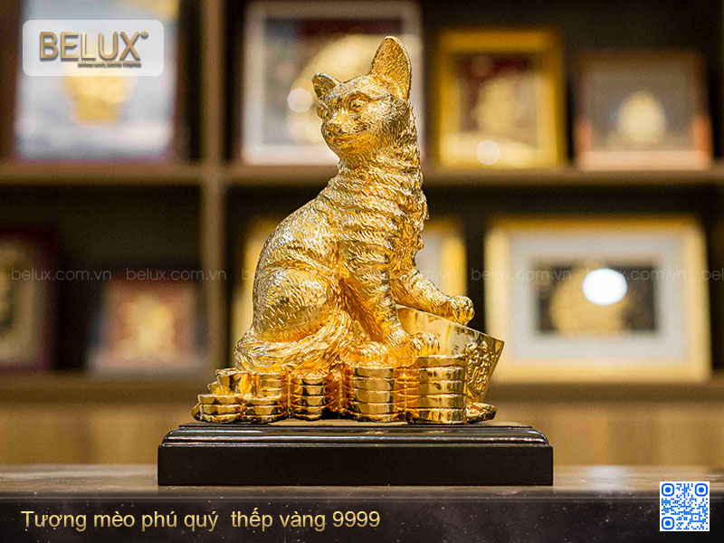 Tượng Mèo phú quý thếp vàng 9999