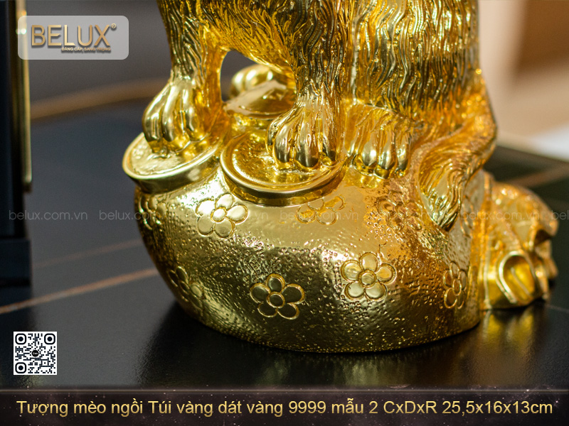 Tượng Mèo ngồi Túi vàng dát vàng 9999 25,5x16x13cm