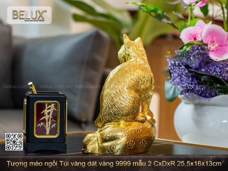 Tượng Mèo ngồi Túi vàng dát vàng 9999 25,5x16x13cm