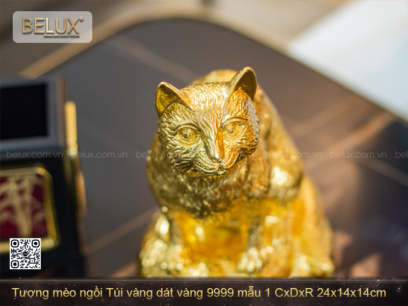 Tượng Mèo ngồi Túi vàng dát vàng 9999