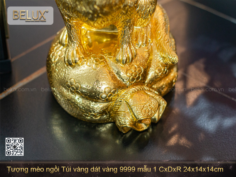 Tượng Mèo ngồi Túi vàng dát vàng 9999