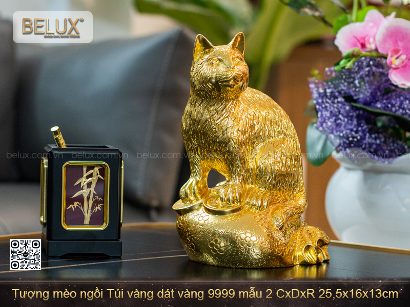 Tượng Mèo ngồi Túi vàng dát vàng 9999 25,5x16x13cm