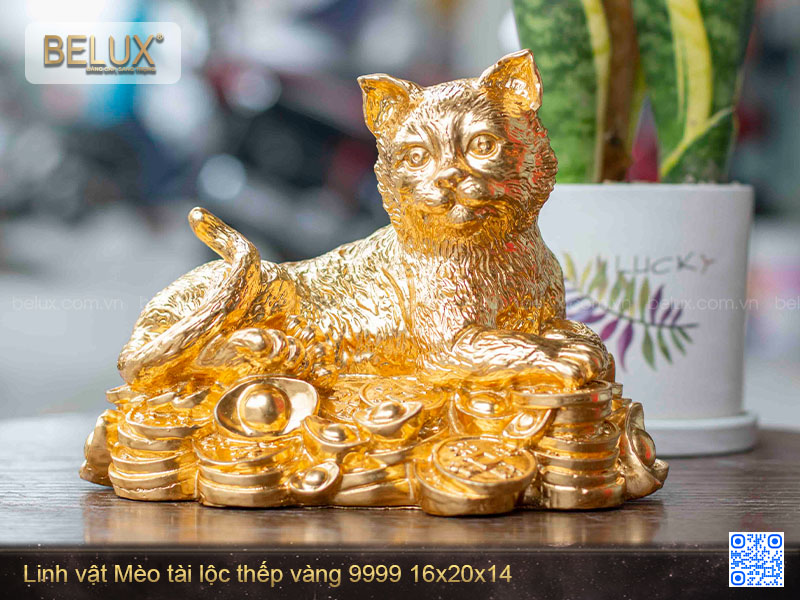 Tượng Mèo tài lộc thếp vàng 9999 cỡ nhỏ