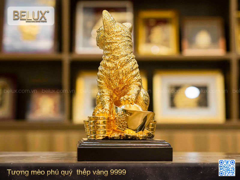 Tượng Mèo phú quý thếp vàng 9999