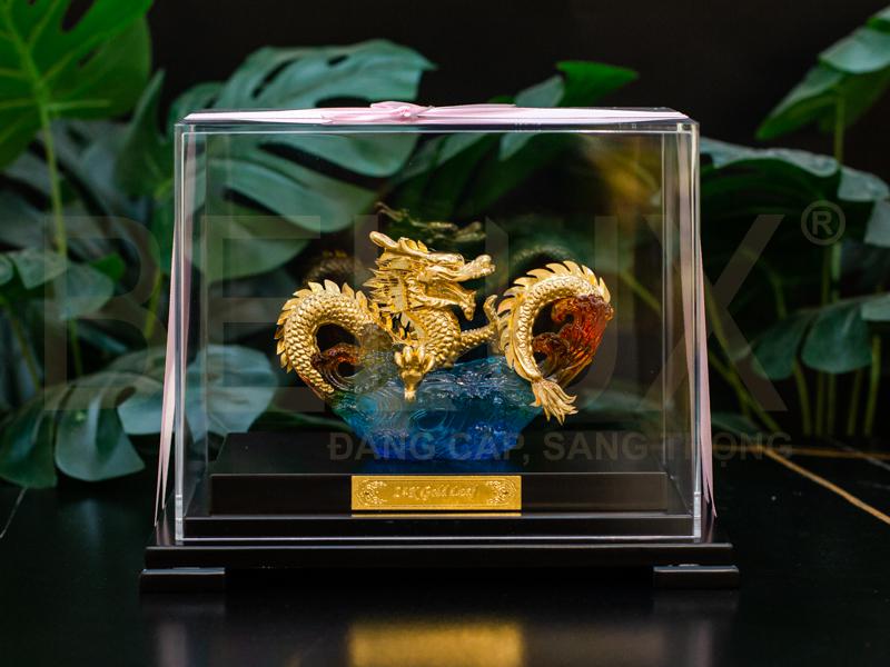 Tượng Rồng Quấn Ngọc Bích Dát Vàng 24k